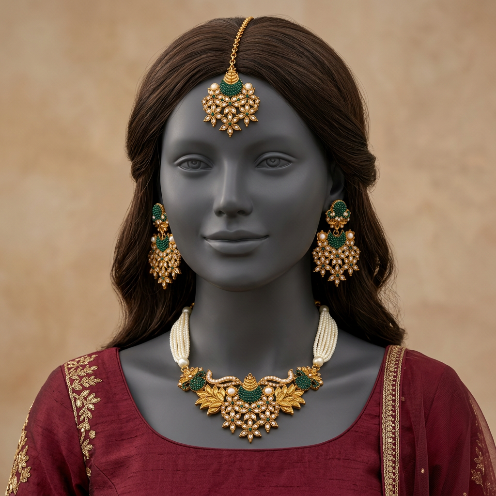 Aarasta Emerald Green necklace set with matching earrings and maang tikka on a charcoal mannequin