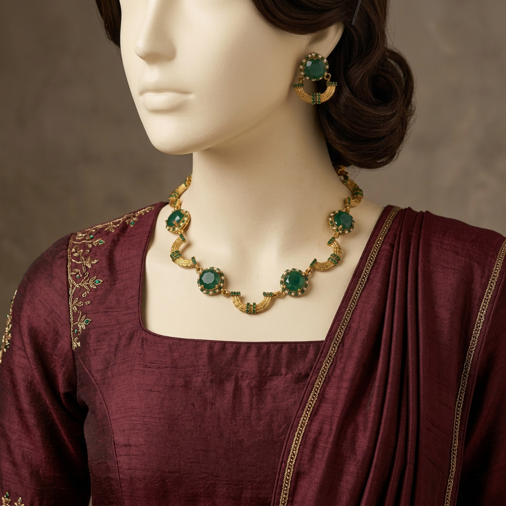 Naaz S-83 Emerald Green necklace and earrings on a mannequin styled in burgundy festive formalwear