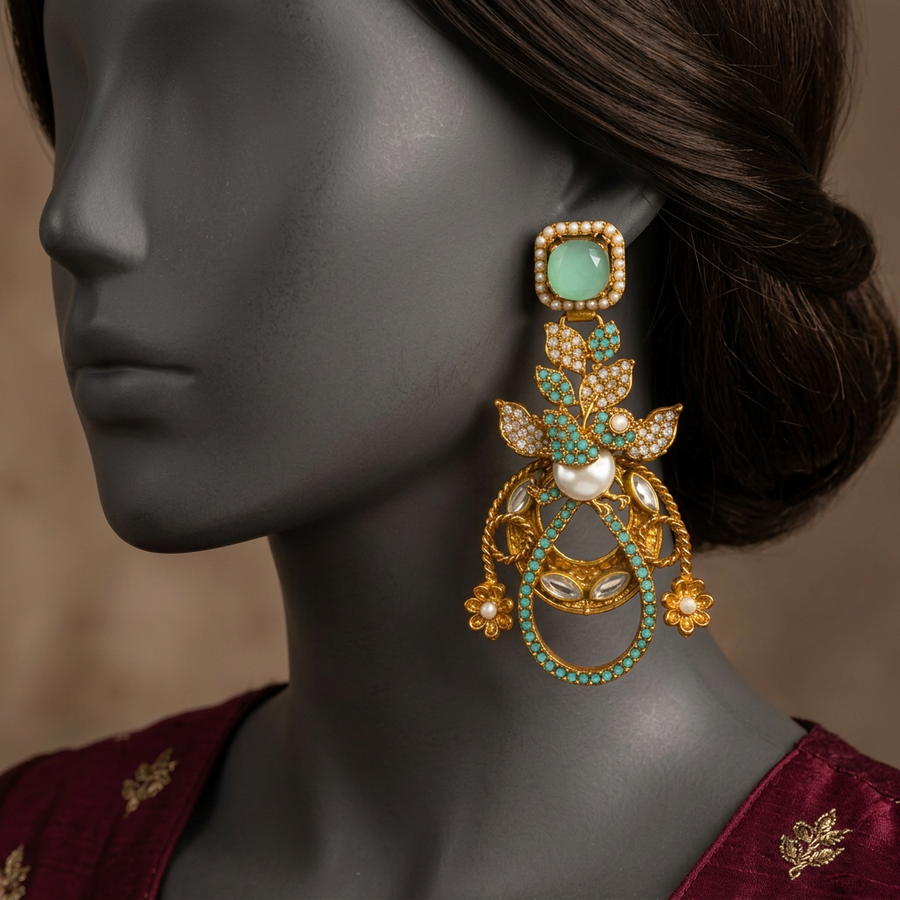 Naqsh ER-179 Seafoam earring close-up on a charcoal mannequin with swept-back brunette hair
