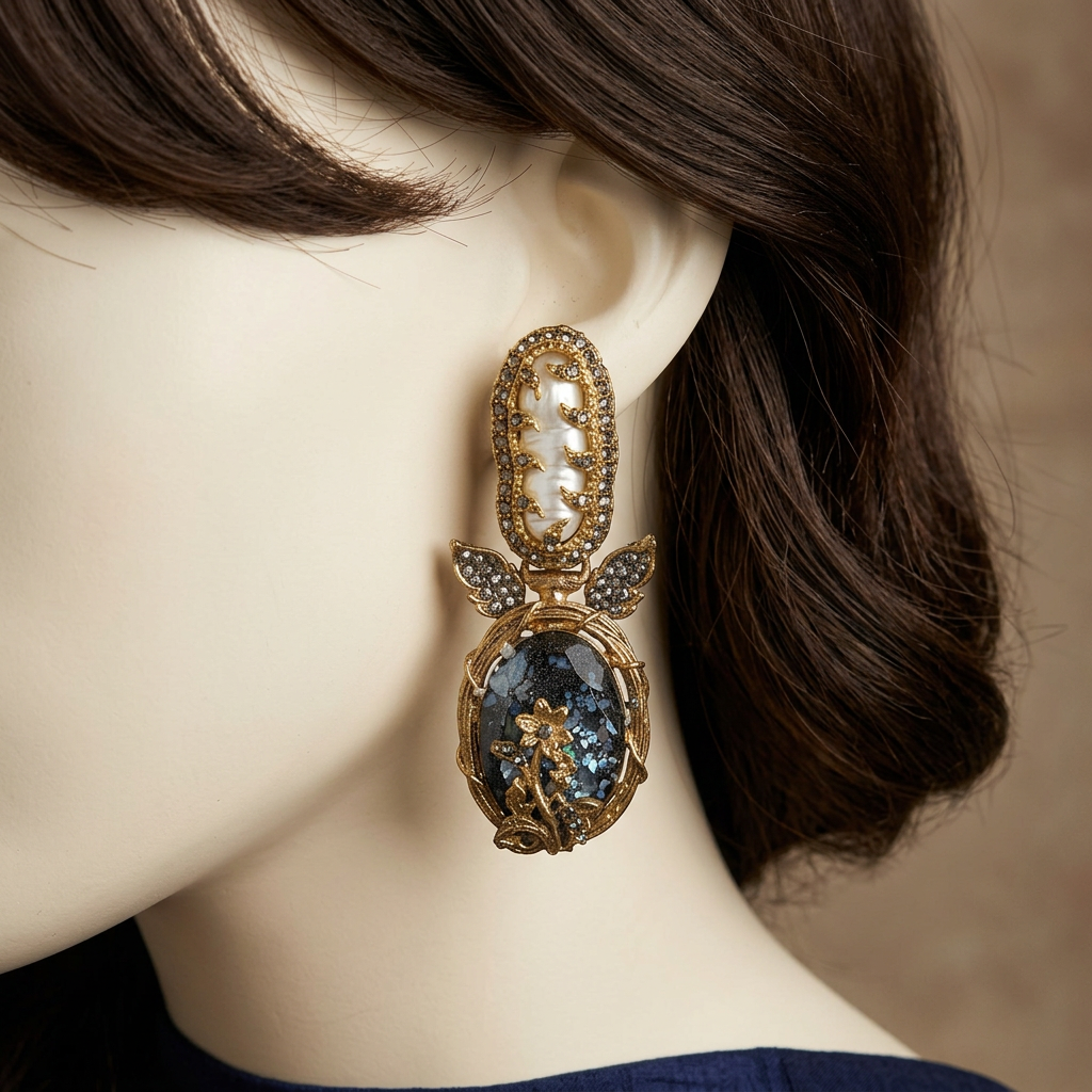 Gul-e-Rang Onyx earrings close-up on an ivory mannequin