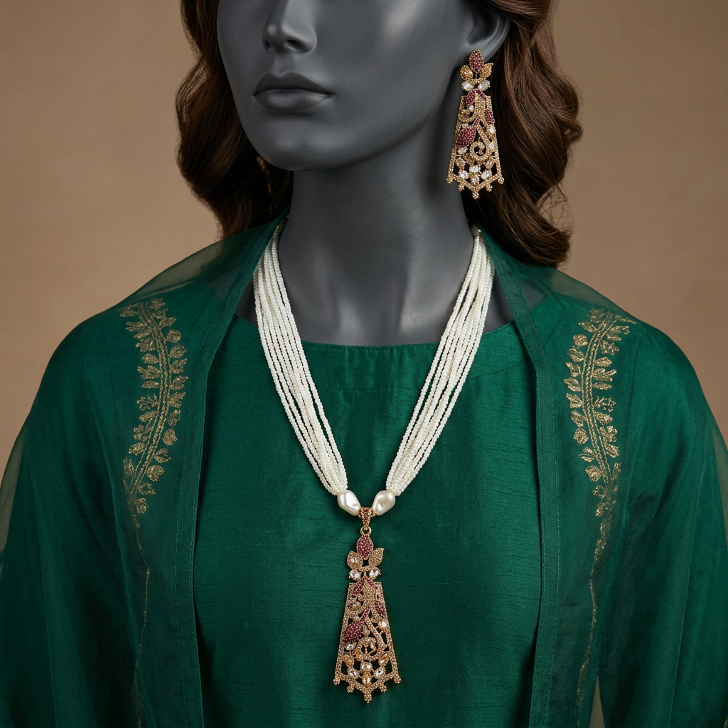 Mehfil Ruby mala set on a mannequin in emerald silk formalwear