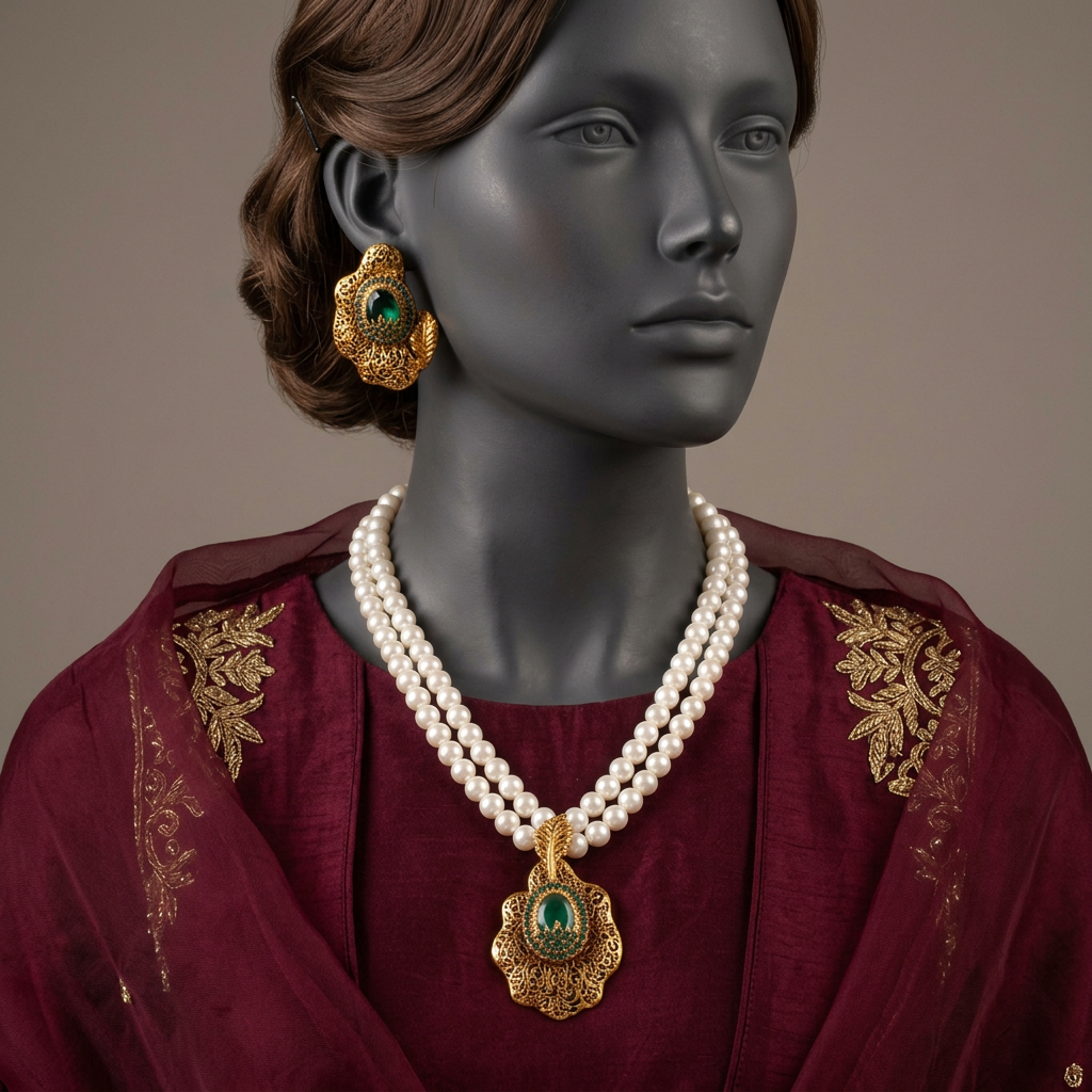 Pareesa Emerald Green mala set on a mannequin in burgundy silk formalwear