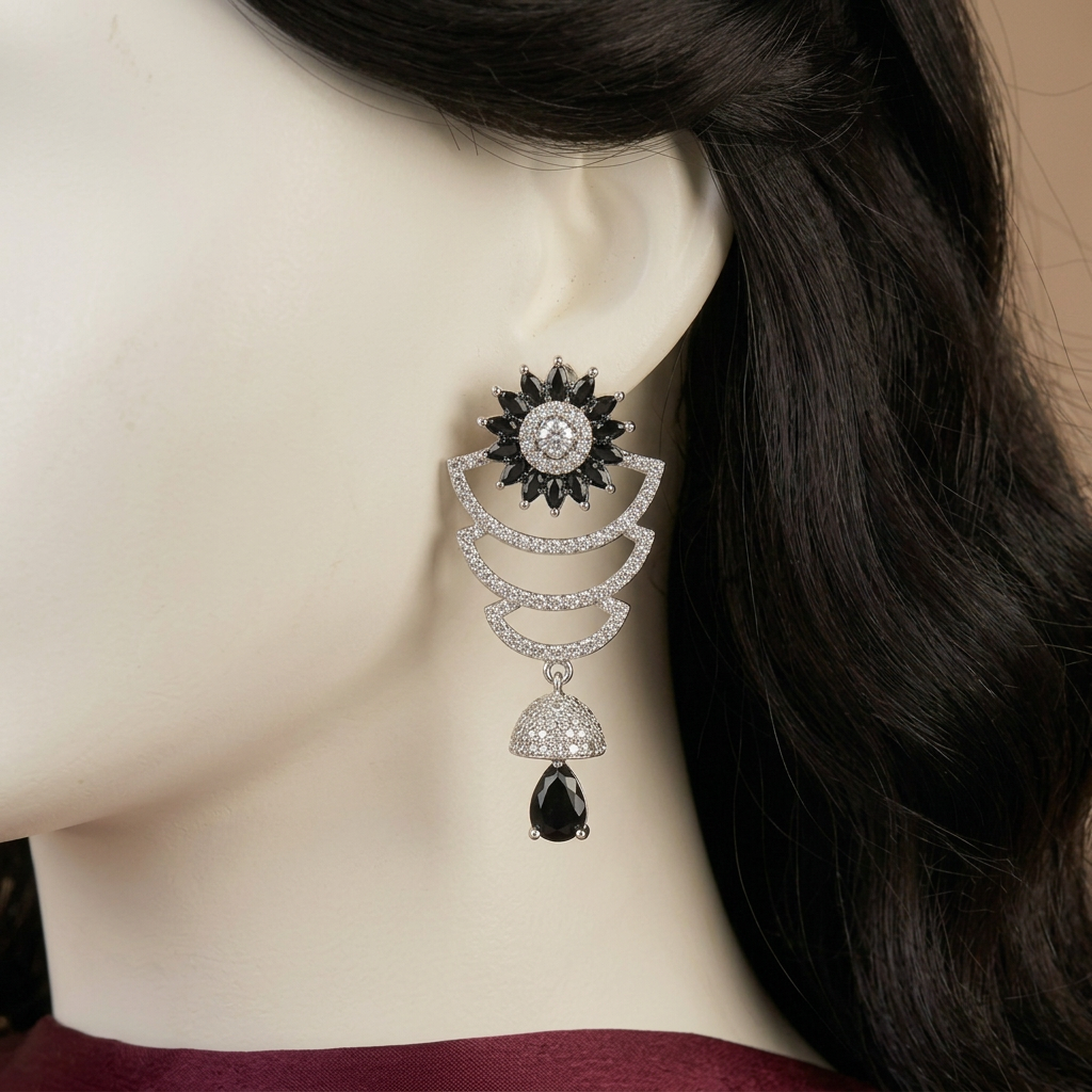 Shamsa Onyx earrings close-up on a mannequin
