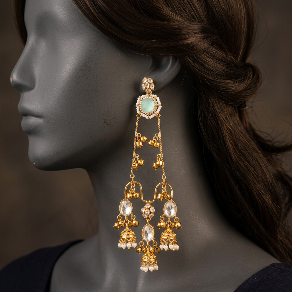 Jhoomri ER-177 Seafoam earring close-up on a charcoal mannequin with styled dark hair