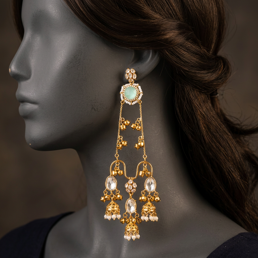 Jhoomri ER-177 Seafoam earring close-up on a charcoal mannequin with styled dark hair