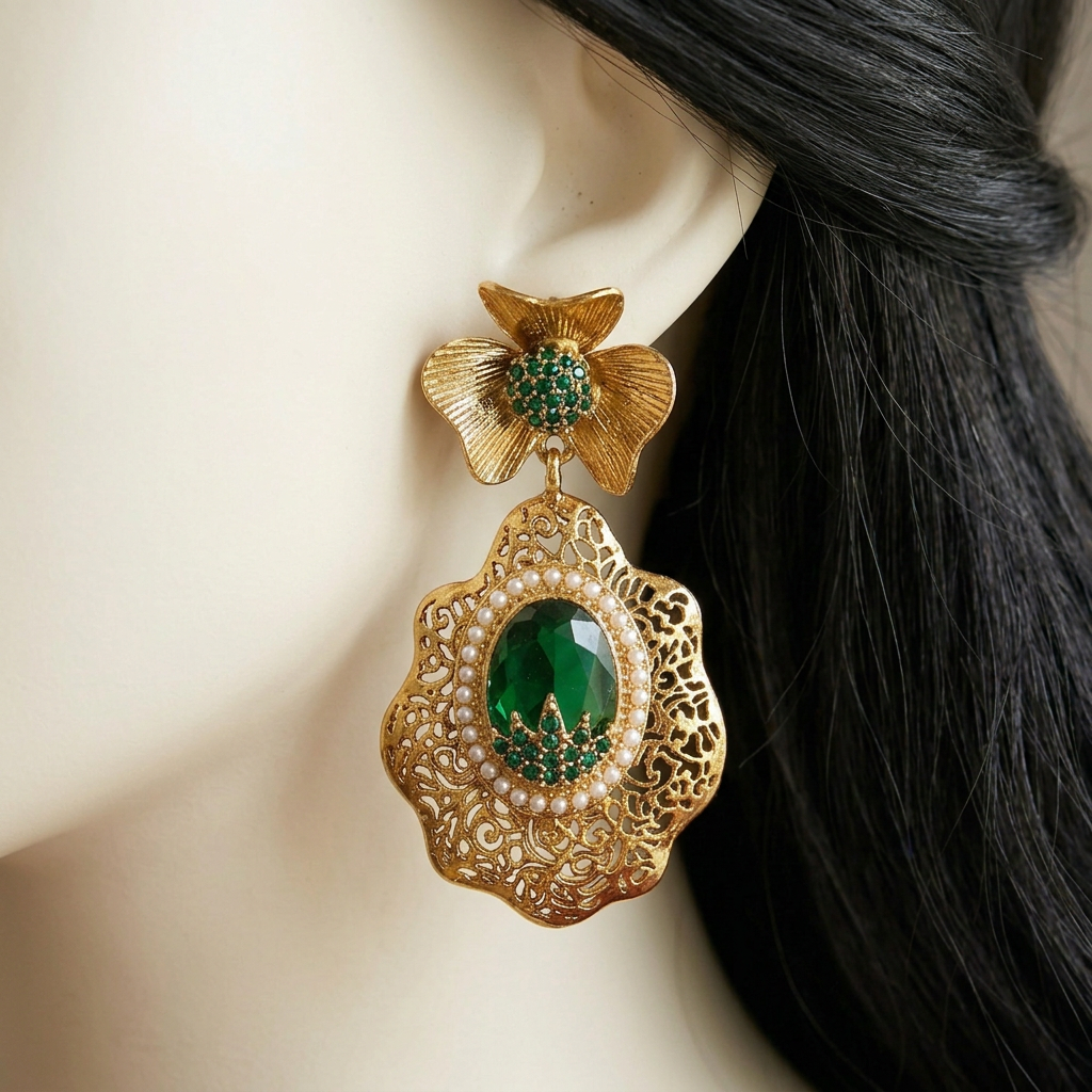Zarqash Emerald Green earrings close-up on a mannequin
