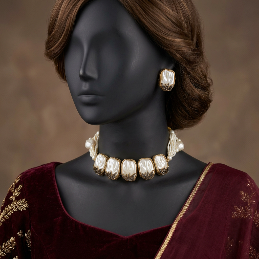 Husn-e-Janan Onyx choker set on a mannequin in wine velvet wedding formalwear