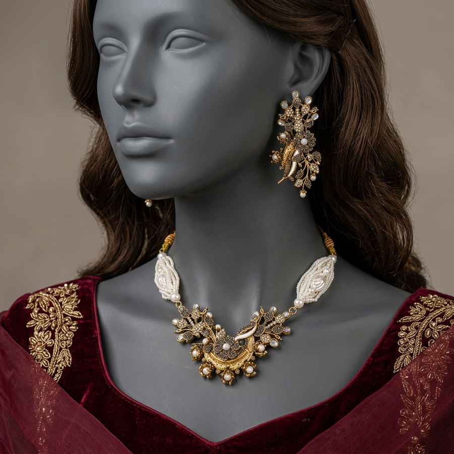 Shabistaan Onyx choker set on a mannequin in burgundy velvet formalwear