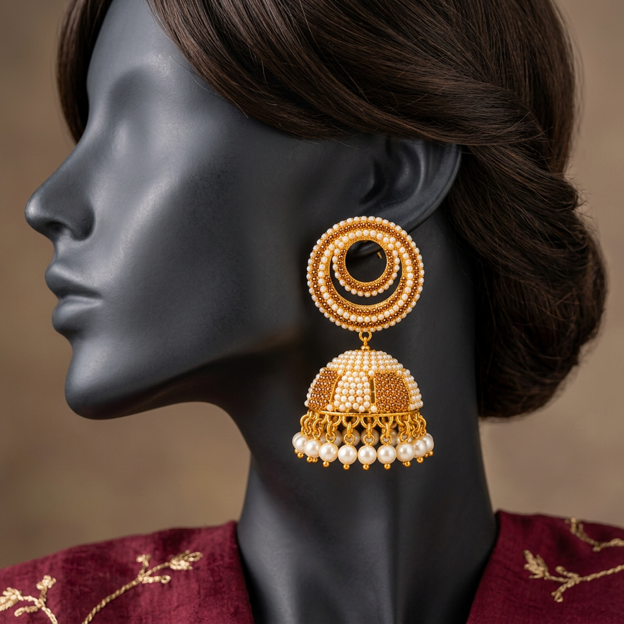 Rangoli ER-175 Champagne jhumka earring close-up on a charcoal mannequin with swept-back dark hair