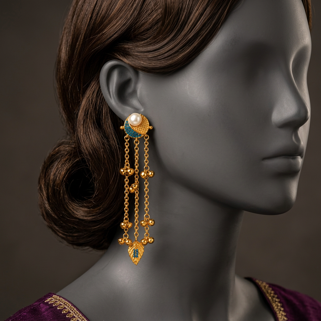 Lehra ER-182 Indicolite earring close-up on a charcoal mannequin with swept-back brunette hair