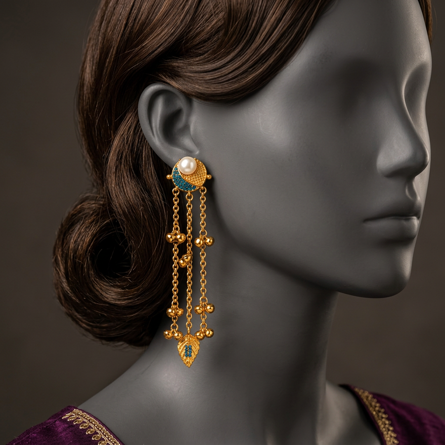 Lehra ER-182 Indicolite earring close-up on a charcoal mannequin with swept-back brunette hair