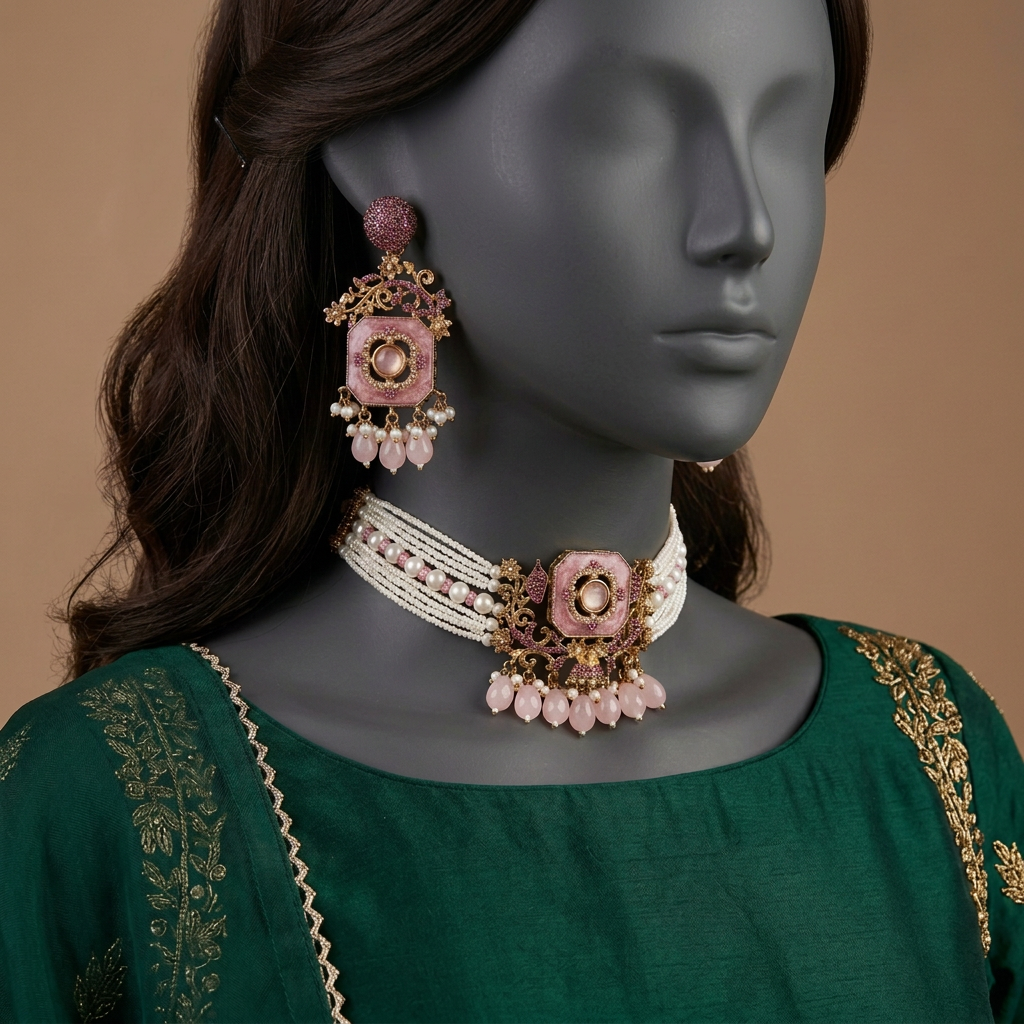 Naureen Rose half choker set on a refined charcoal mannequin in emerald wedding formalwear