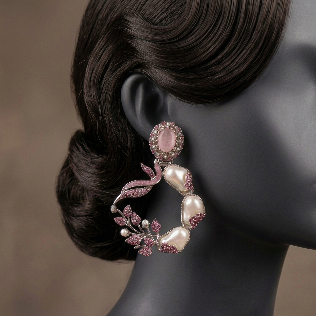 Close-up of Koh-e-Kahf Rose Silver earring styled on a charcoal mannequin with swept-back dark hair
