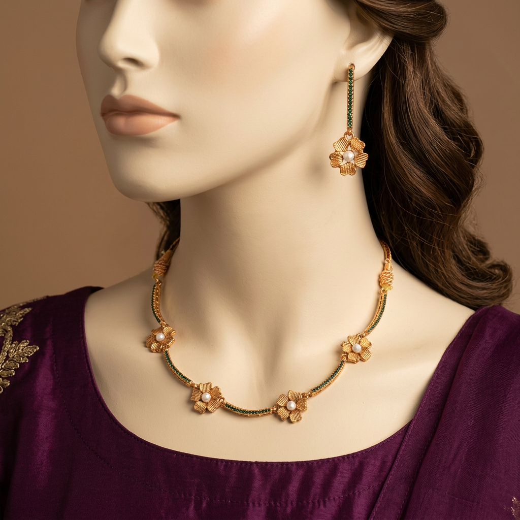 Gulraiz Emerald Green necklace set on an ivory mannequin in plum silk formalwear