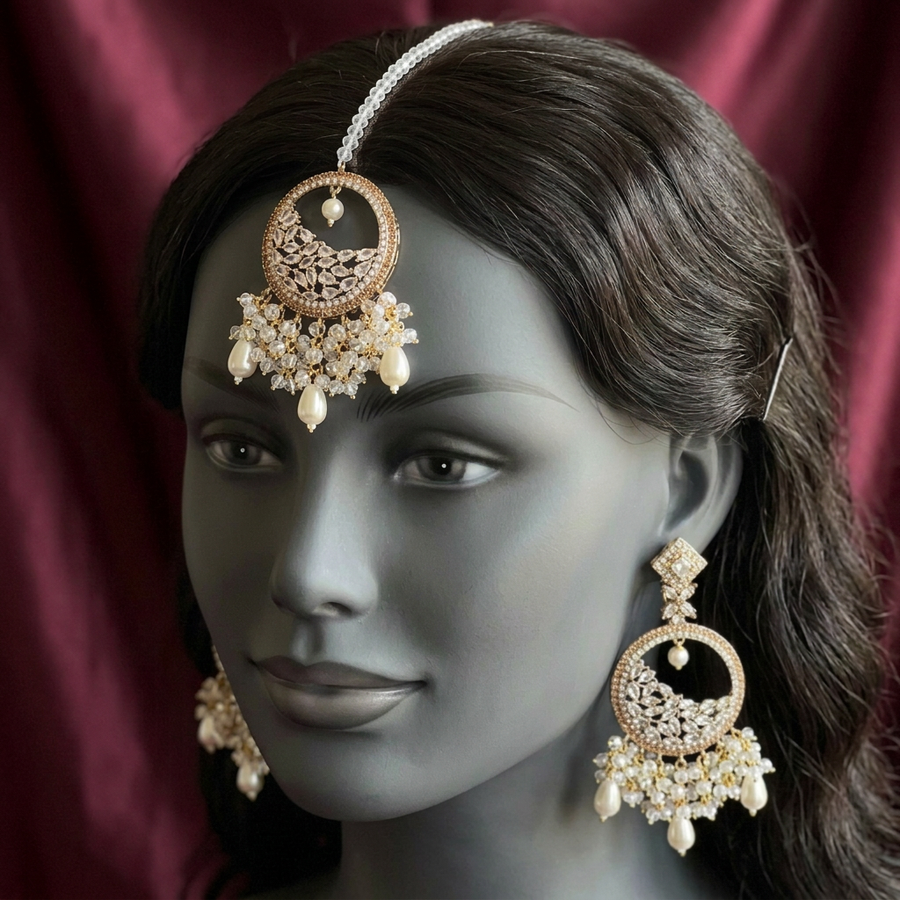 Mahtaab Crystal earrings and matching tikka on a mannequin
