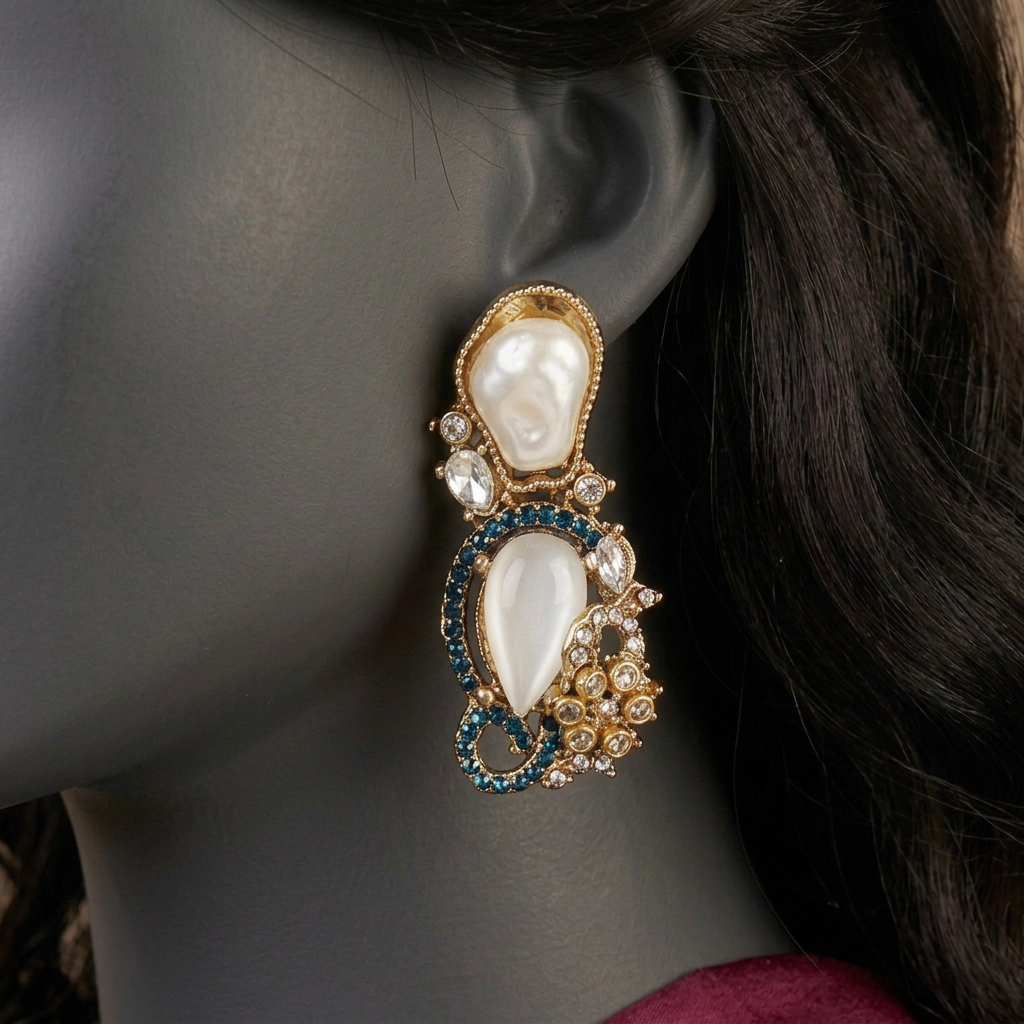 Motiya Indicolite earrings close-up on a mannequin