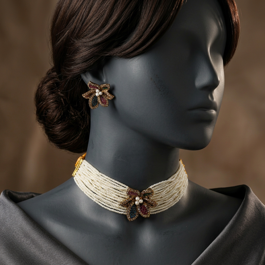 Reshum Multi pearl-style choker and matching floral earring on a charcoal mannequin with styled hair