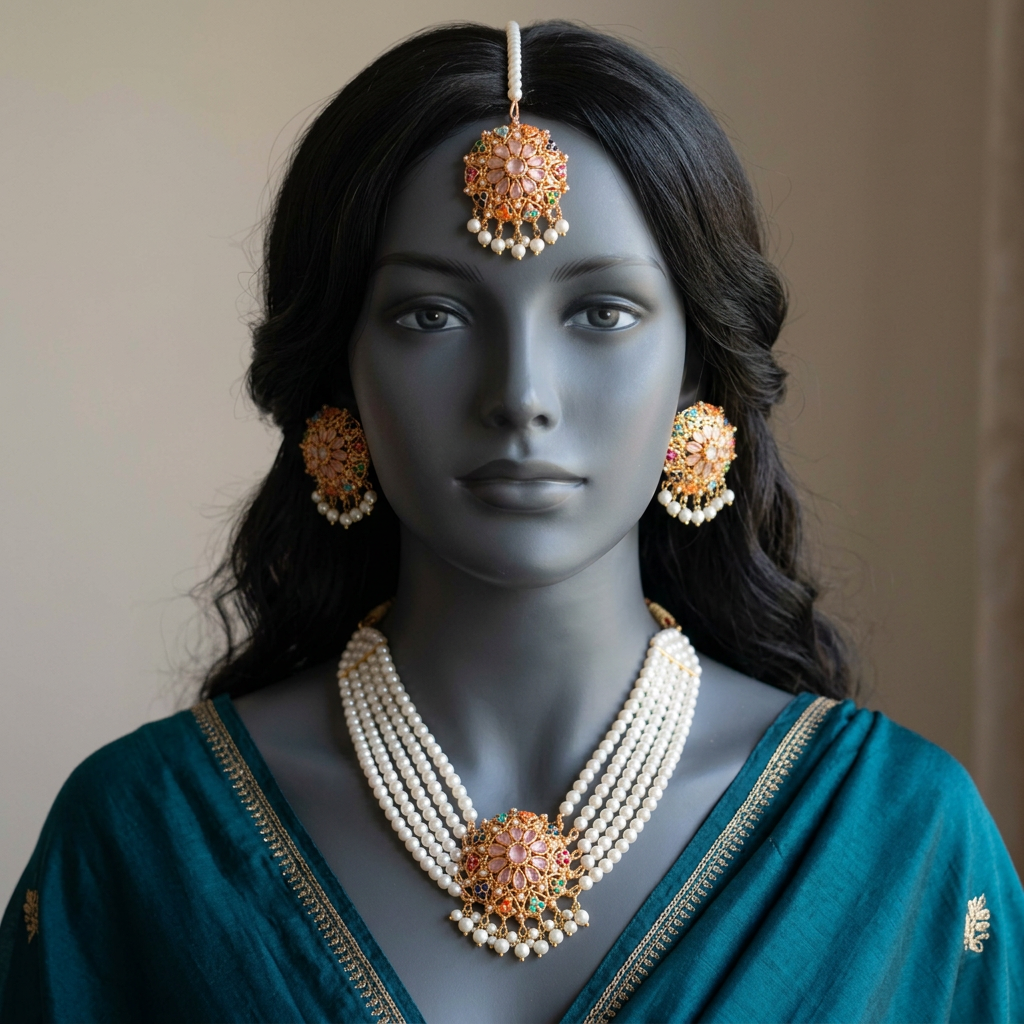 Moti-e-Abroo CS-53 Light Pink pearl set with earrings and tikka on a mannequin