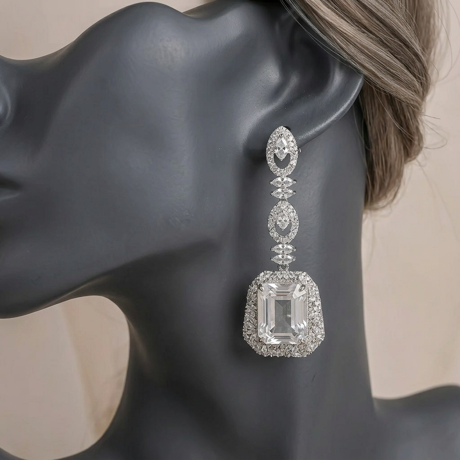 Mehvar Crystal earrings close-up on a mannequin