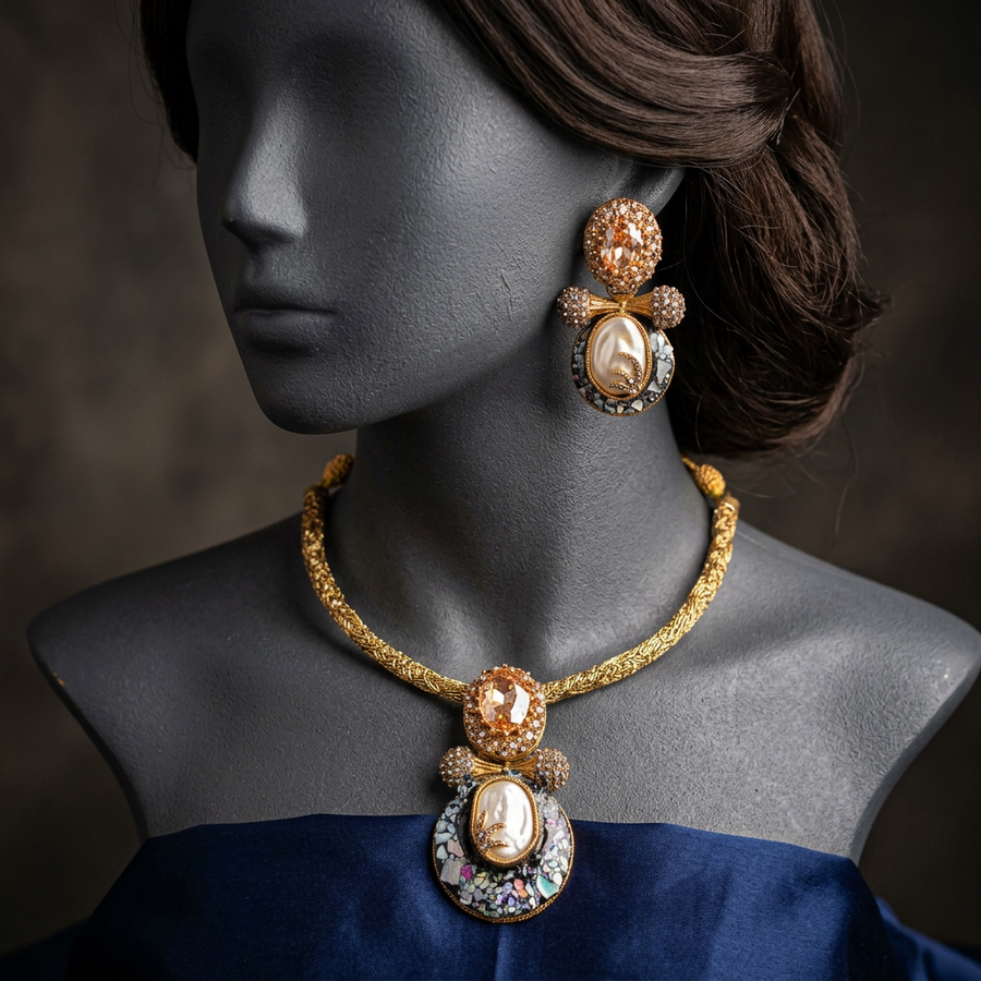 Gul-e-Aftab CS-60 Champagne necklace and matching earring styled on a charcoal mannequin with swept-back dark hair