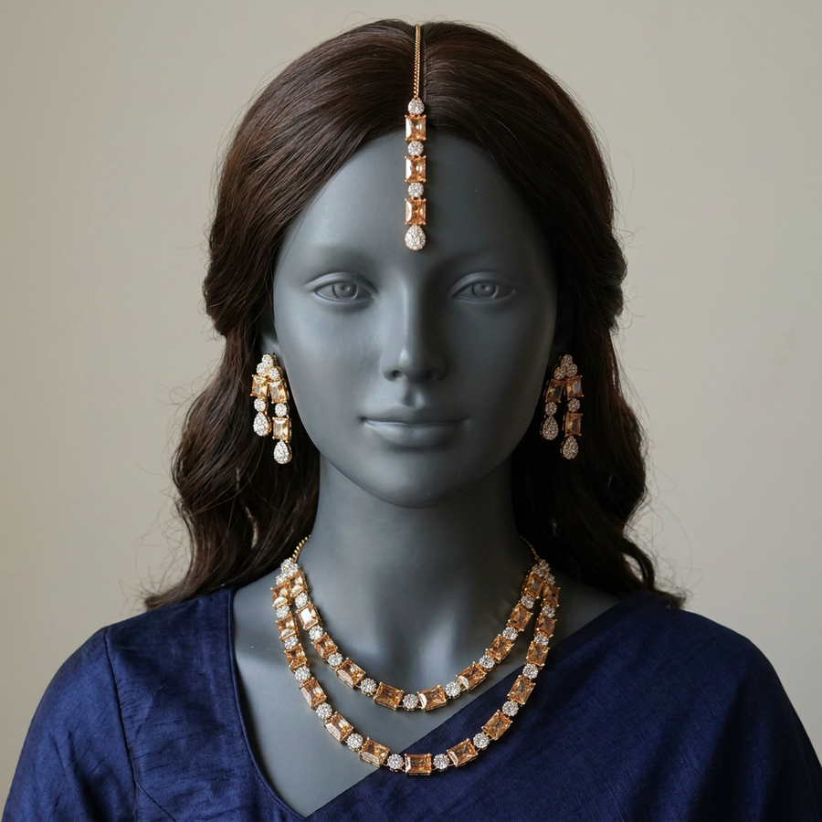 Nigah-e-Naaz S-60 Champagne necklace, earrings and forehead headpiece on a mannequin