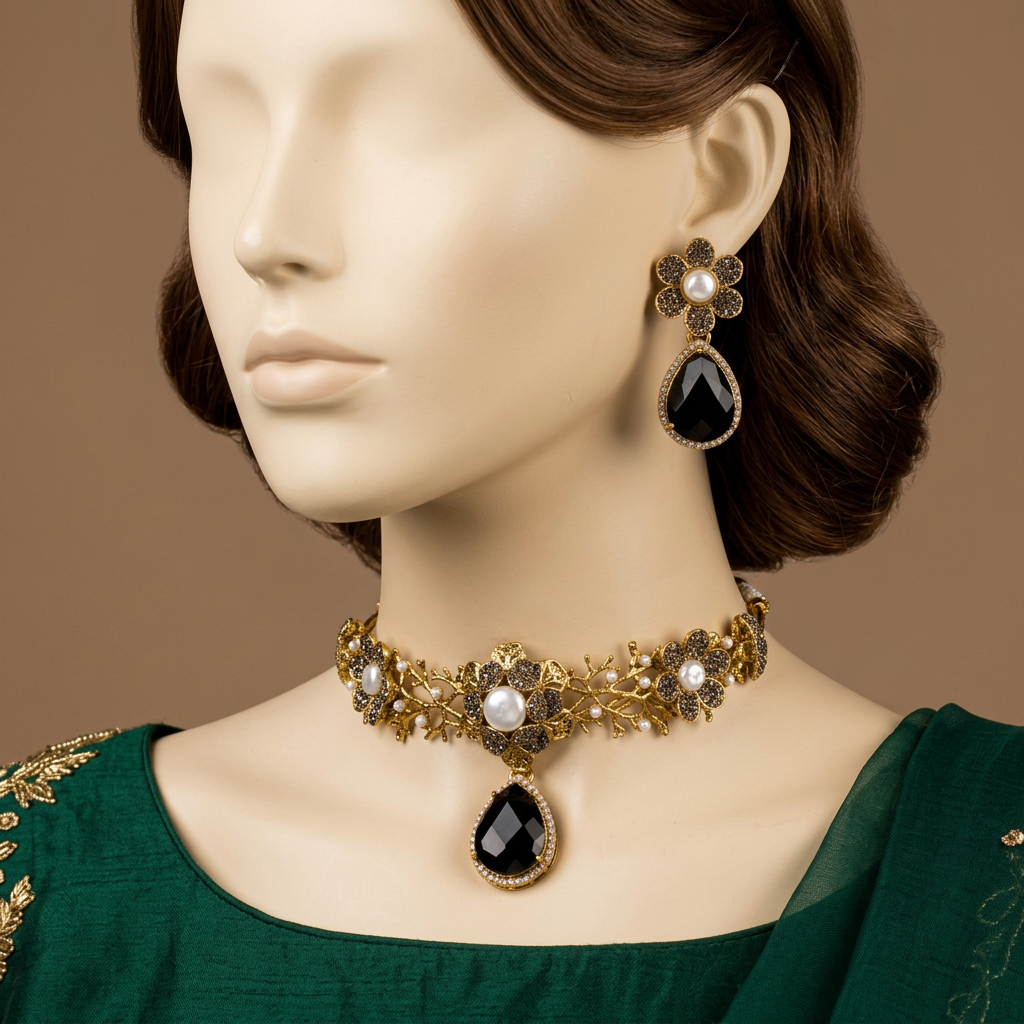 Miraal Onyx floral choker set on an ivory mannequin in emerald silk formalwear