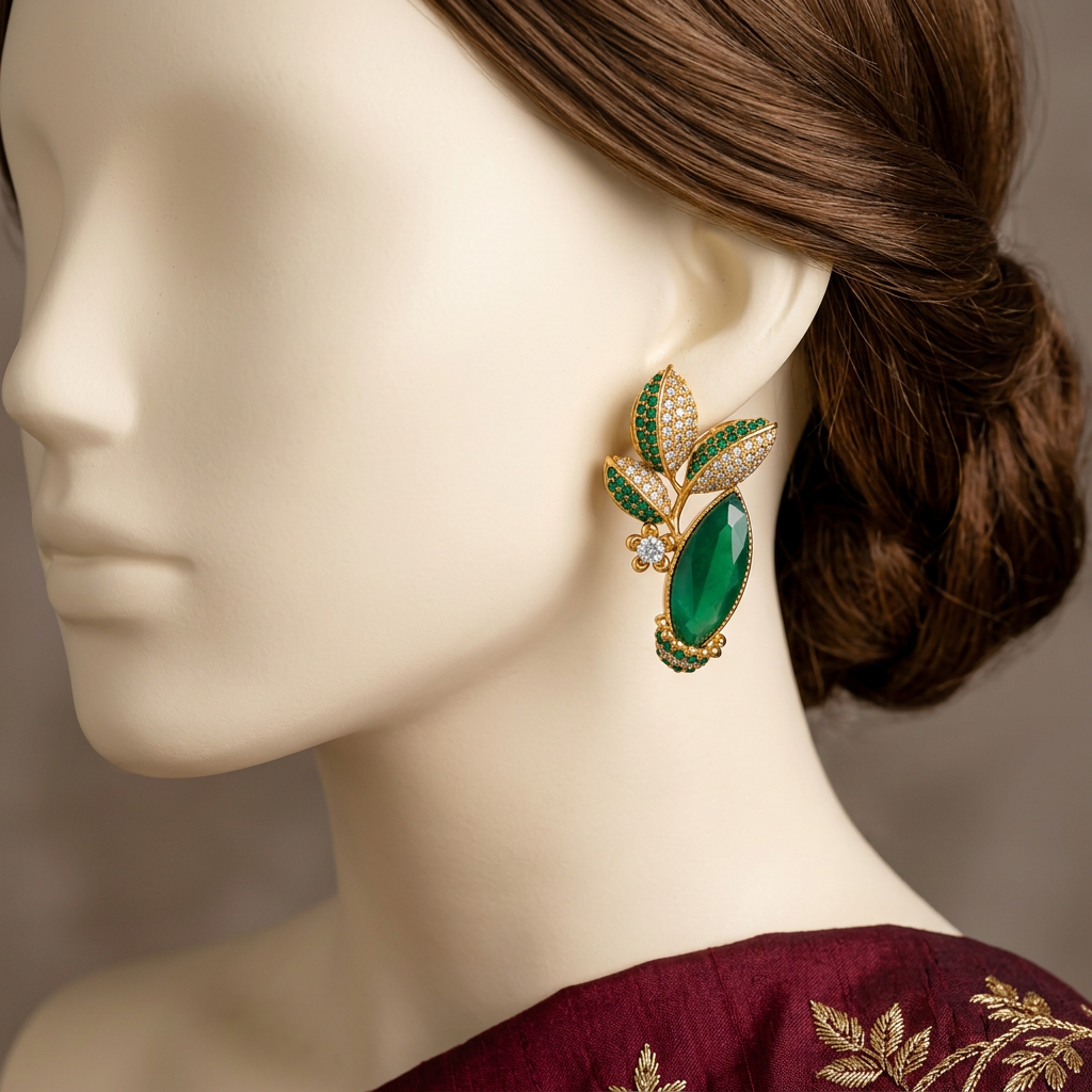 Parna ER-183 Emerald Green earring on an ivory mannequin with styled brunette hair