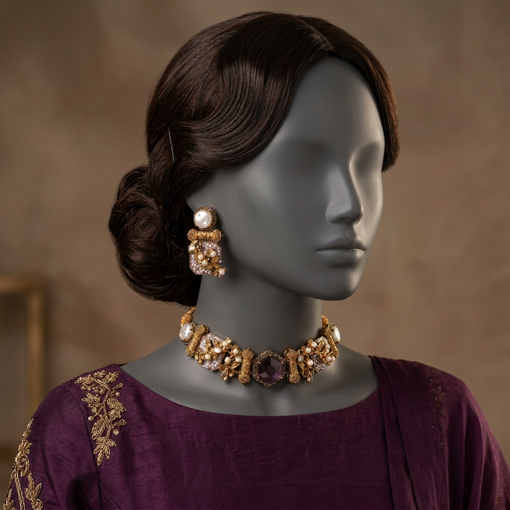 Shan-e-Heera CS-48 Plum Purple choker and earrings on a charcoal mannequin with refined facial features and aubergine formalwear