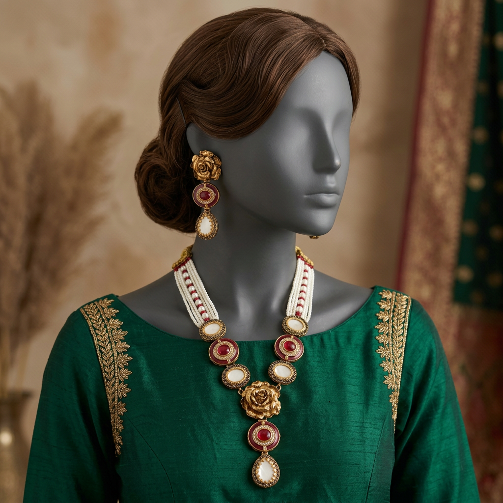 Noor-e-Jahan Ruby necklace set on a mannequin in emerald silk wedding formalwear