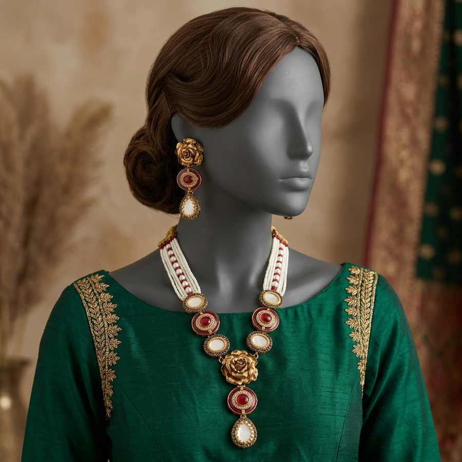 Noor-e-Jahan Ruby necklace set on a mannequin in emerald silk wedding formalwear