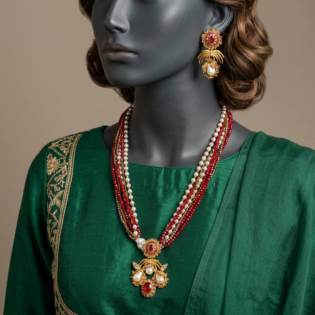 Nazneen Ruby mala set on a charcoal mannequin in emerald silk formalwear