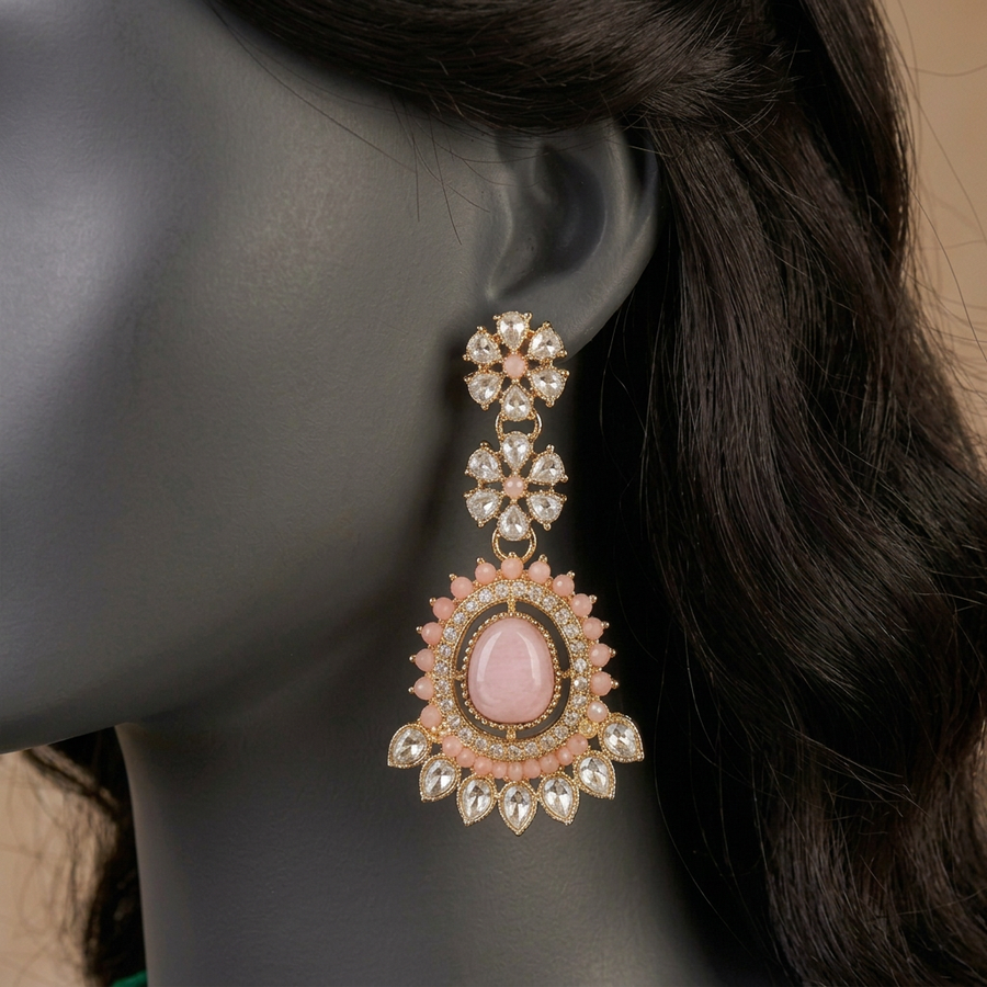 Nigar Rose earrings close-up on a mannequin