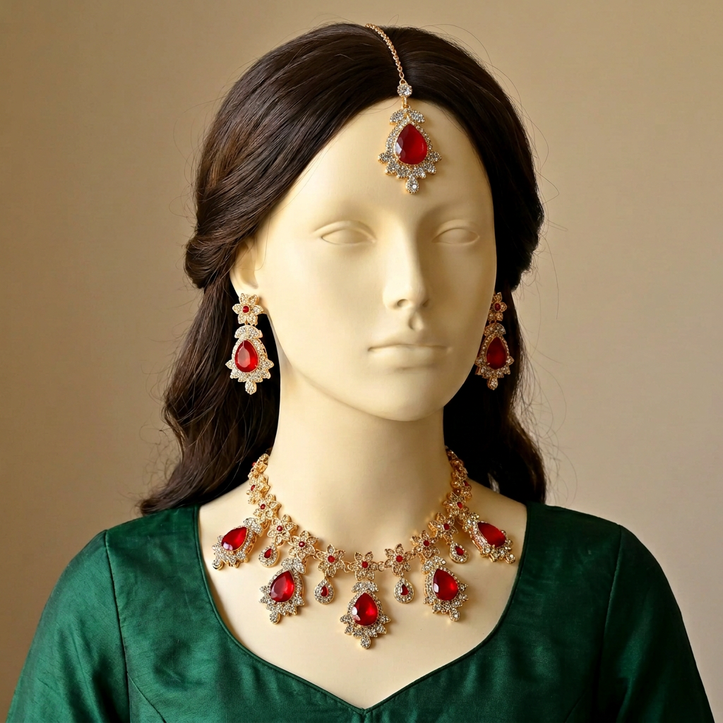 S-29 Ruby necklace set with matching earrings and corrected tikka on an ivory mannequin