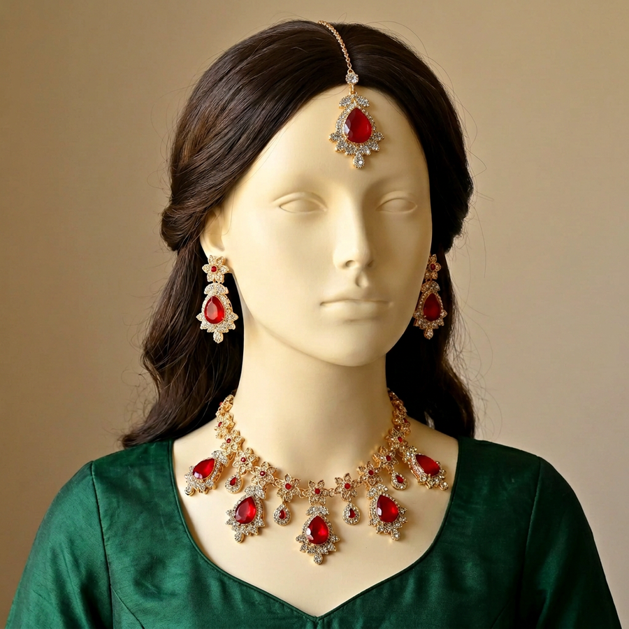 S-29 Ruby necklace set with matching earrings and corrected tikka on an ivory mannequin