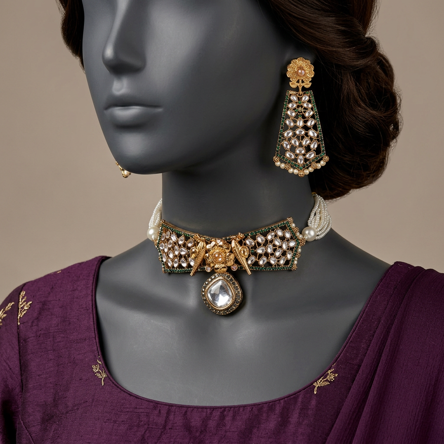 Daricha CS-74 Emerald Green choker set on a charcoal mannequin in aubergine formalwear