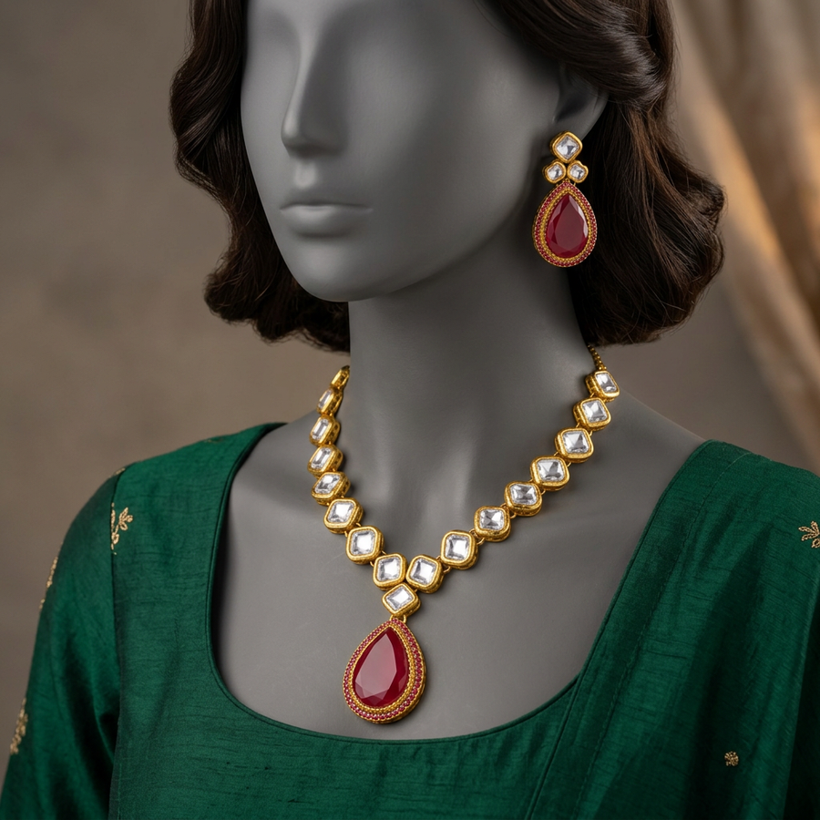 Aahung S-82 Ruby necklace and matching earring on a charcoal mannequin wearing emerald formalwear