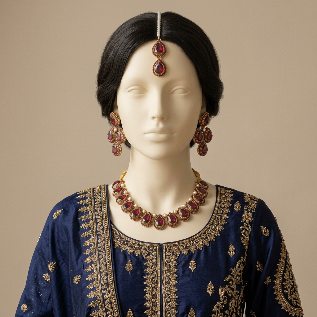 Shabnam S-70 Ruby necklace, earrings and tikka on an ivory mannequin in embroidered wedding attire