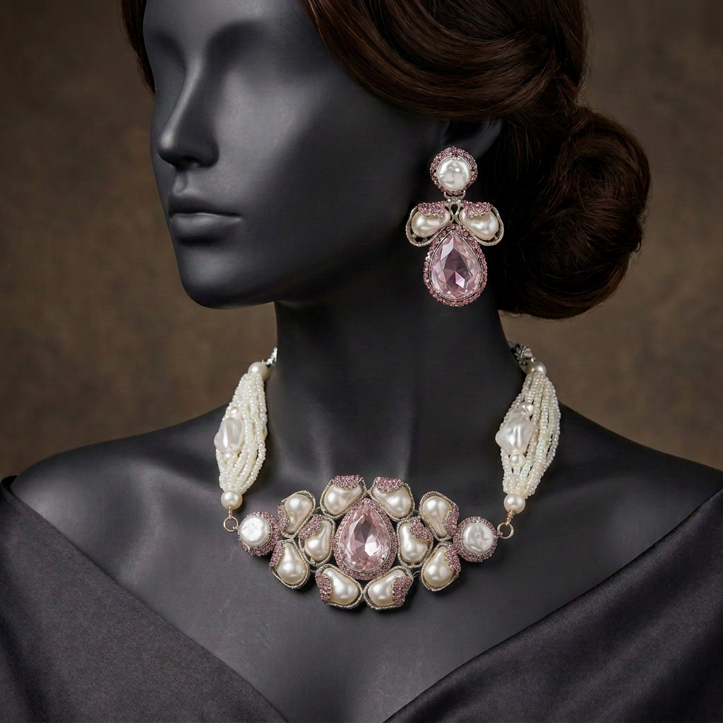 Heera-e-Hunar S-45 Rose Silver choker and matching earring styled on a charcoal mannequin with dark hair