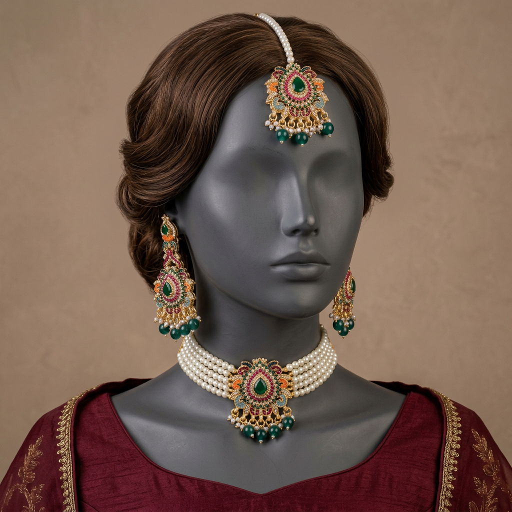 Jashne Bahara Emerald Green choker set with earrings and matching forehead tikka on a mannequin in burgundy silk