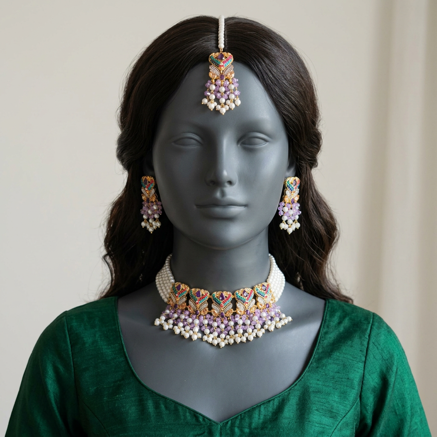 Nazm-e-Gul CS-64 Amethyst choker, earrings and tikka on a mannequin