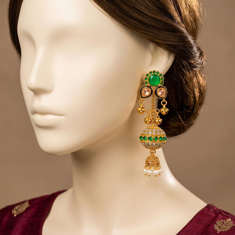 Jhoom ER-184 Emerald Green earring on an ivory mannequin with swept-back brunette hair