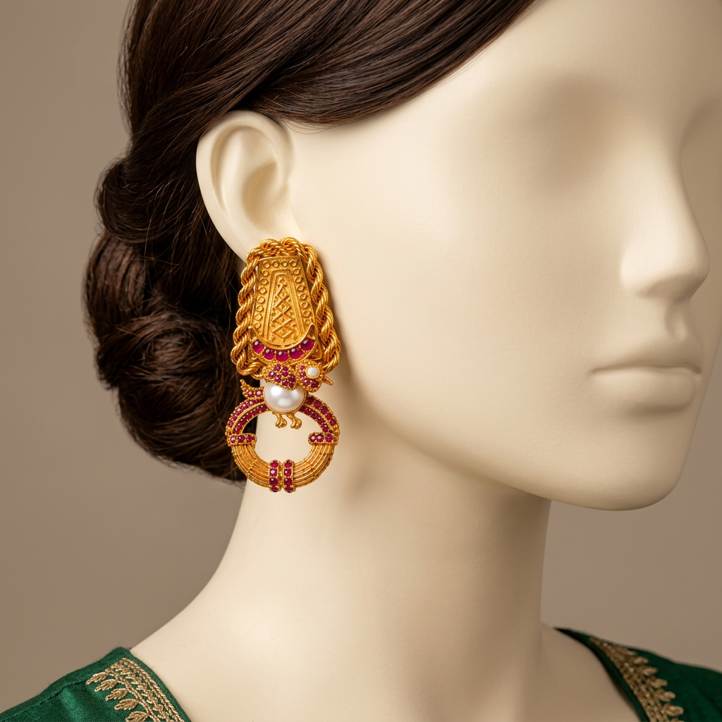Daira ER-180 Ruby earring on an ivory mannequin with styled brunette hair
